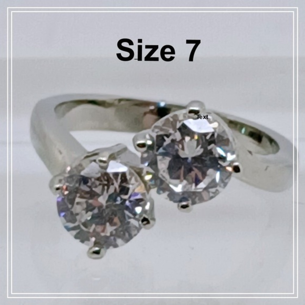 Size 7 Vintage 1990s Two Stone Round Cubic Zirconia Bypass Ring Silver Tone NOS